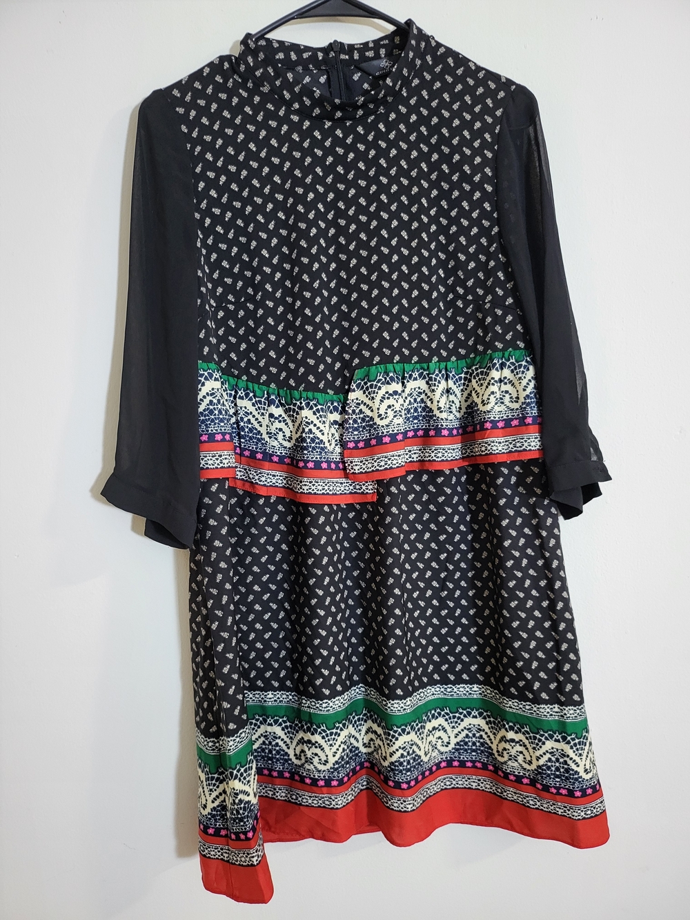 Black Patterned Midi Dress with Colorful Border